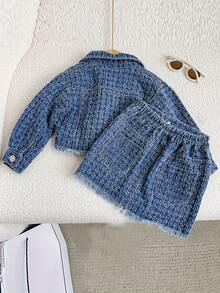 2 件套年轻女孩牛仔夹克和牛仔裙校园风服装 - 藍色 - 查看 2