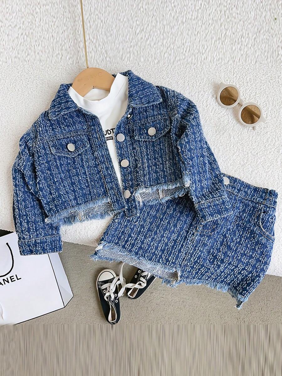 2 件套年轻女孩牛仔夹克和牛仔裙校园风服装 - 藍色 - 查看 1