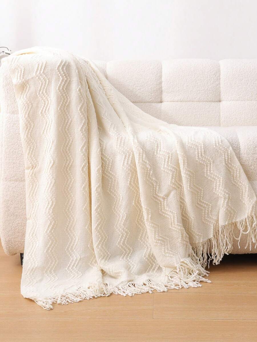 1 chiếc chăn đan, thích hợp cho điều hòa không khí văn phòng, ngủ trưa, ghế sofa, xe hơi, dã ngoại - Khăn quàng ba cong màu be - Xem 1