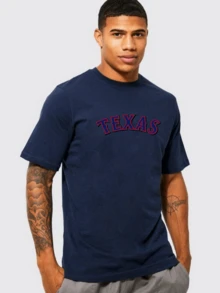 Men's Basic T-Shirt, Texas Print, 100% Cotton Knit, Short Sleeve, Round Neck - 藏蓝色 - 查看 1