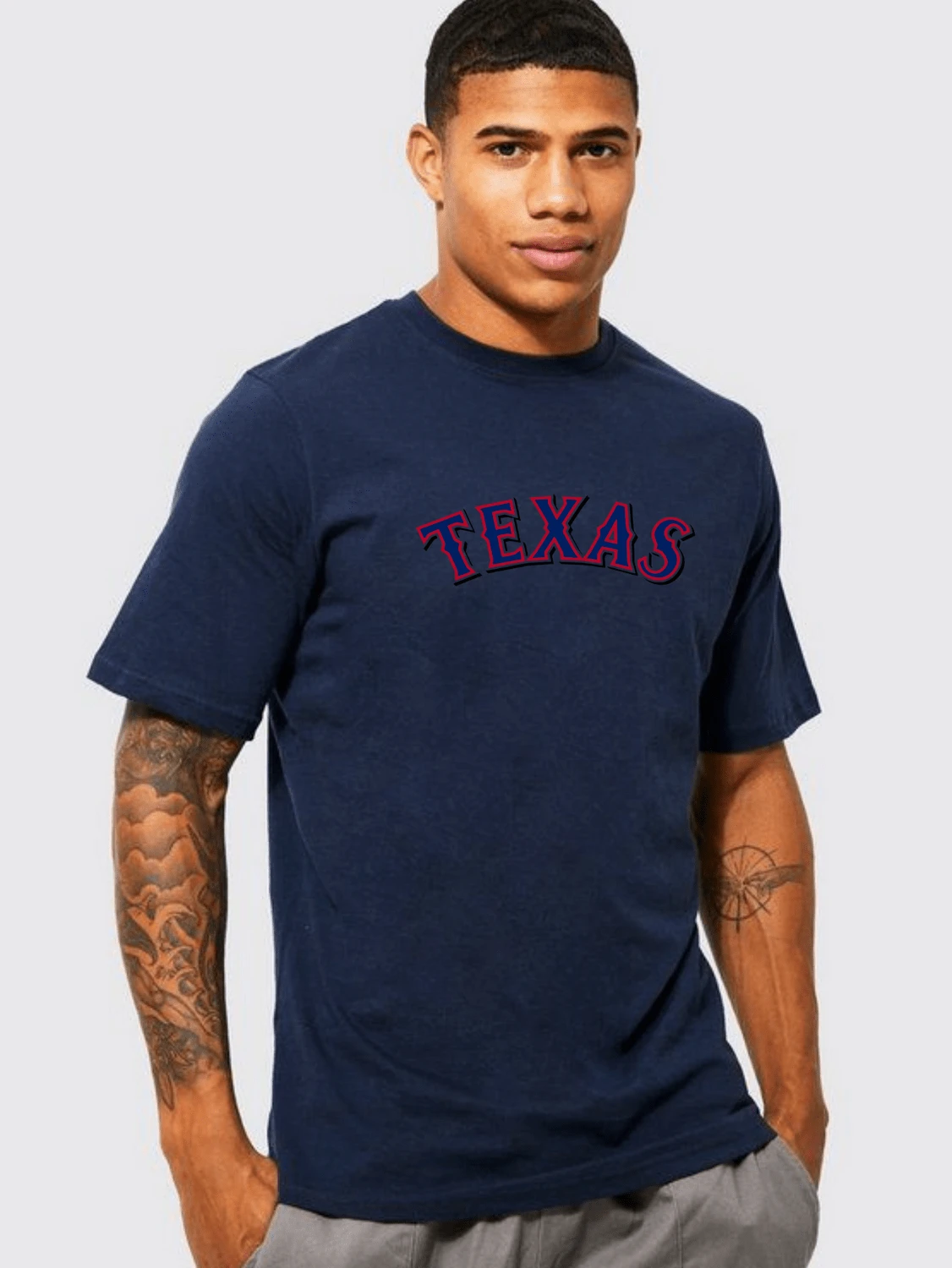 Men's Basic T-Shirt, Texas Print, 100% Cotton Knit, Short Sleeve, Round Neck - 藏蓝色 - 查看 1