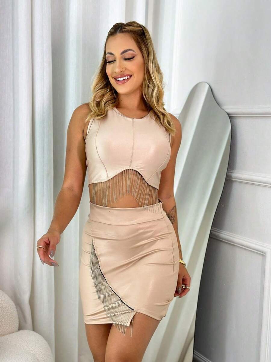 Plain Fringe Set Cropped Top And Fringe Skirt Blogger Look Party Night Club Tight Tube Skirt Women's Fashion - 米色 - 查看 1