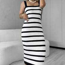 Long Striped Strap Dress In Modal Knitwear - 黑色 - 查看 2