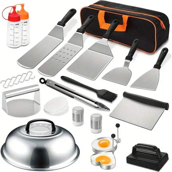 25-Piece Premium Stainless Steel Griddle Accessories Kit - Ultimate Outdoor BBQ Grill Tools Set For Blackstone & Camp Chef, Non-Stick Flat Top Grill Utensils With Spatulas, Scraper, Tongs, Bottles, Egg Rings, And More - Durable,  And Easy To Clean