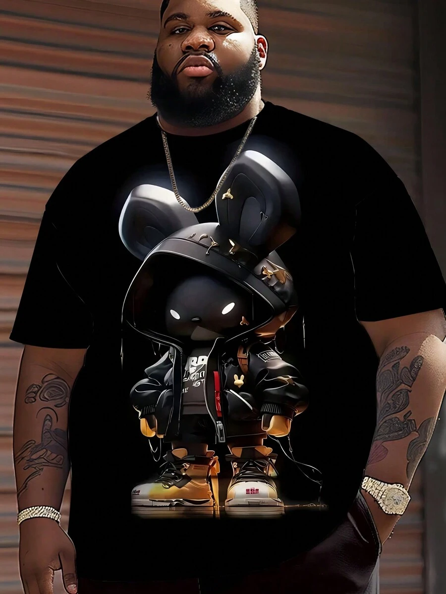 Plus Size Men 3D Mechanical Rabbit Print Round Neck Short Sleeve Casual T-Shirt, Summer - Black - View 1
