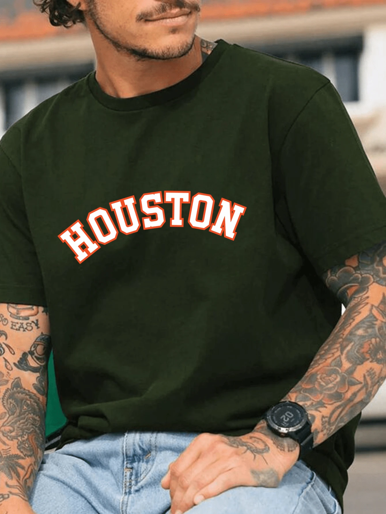 T-Shirt Men's Basic T-Shirt 100% Cotton Knit Short Sleeve Houston Print Round Neck - xanh quân đội - Xem 1