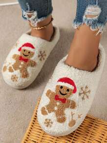 Pantufas Casuais Internas Fechadas, Macias e Quentes, com Bordado de Boneco de Gengibre e Floco de Neve de Natal Femininas, Outono/Inverno