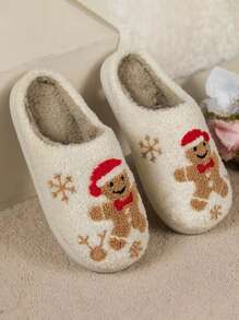 Pantufas Casuais Internas Fechadas, Macias e Quentes, com Bordado de Boneco de Gengibre e Floco de Neve de Natal Femininas, Outono/Inverno