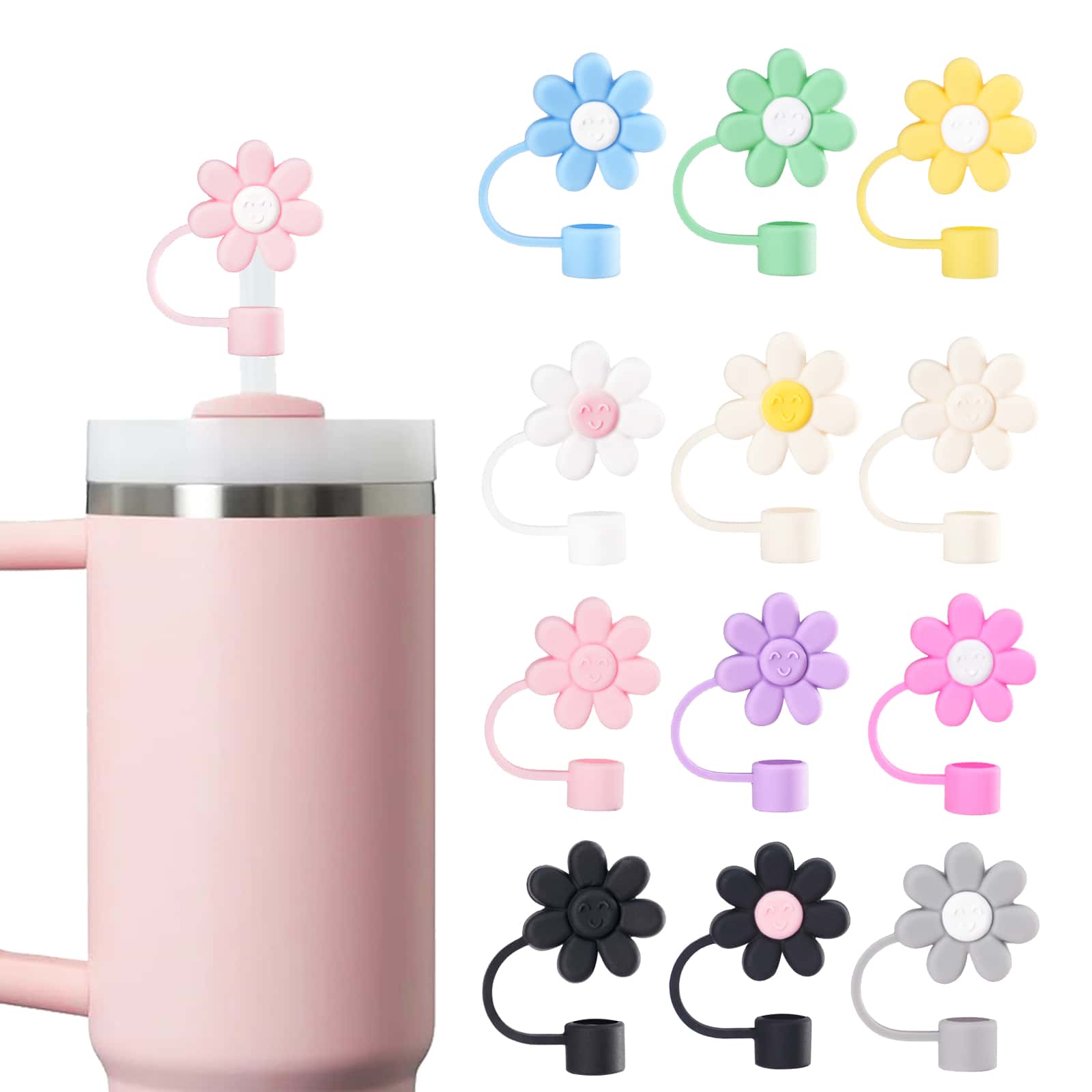 0.4in Cute Sun Smile Flower Silicone Initial Letter Straw Covers Cap