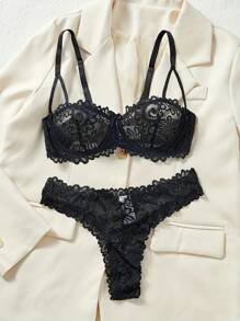 Spring/Summer New Women Sexy Lingerie Set, Black Lace Floral Bra & Panty 2-Piece, Comfortable Soft Seductive Thongs, Romantic Couple Intimate Atmosphere For Valentine's Day Ultrathin Bra