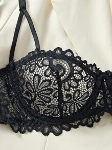 Spring/Summer New Women Sexy Lingerie Set, Black Lace Floral Bra & Panty 2-Piece, Comfortable Soft Seductive Thongs, Romantic Couple Intimate Atmosphere For Valentine's Day Ultrathin Bra