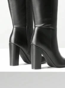 Women's Chunky Heel Pointed Toe Knee High Boots Side Zipper  Tall Boots For Women Fashionable Solid Color Long Boots - PU ĐEN - Xem 7