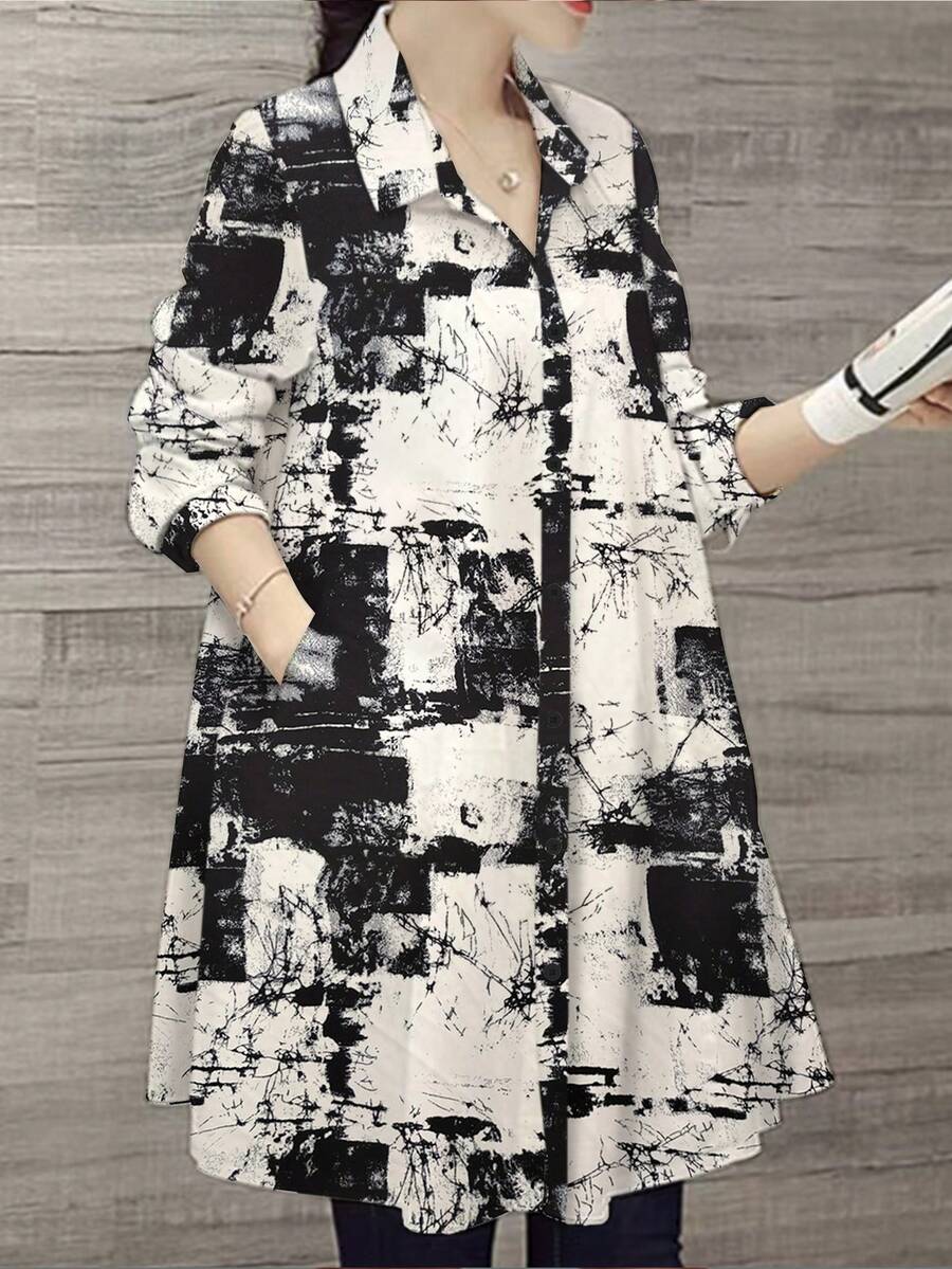 Váy sơ mi dài tay vừa phải phong cách Loose Ink dành cho nữ - Đen và trắng - Xem 1