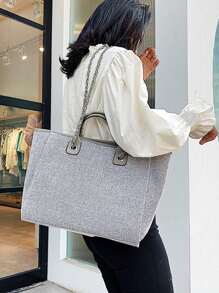 Womens Canvas Tote Bags Chain Strap Large Capacity Shoulder Bags Shopping Vacation Bags - Grey - View 6