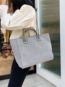 Womens Canvas Tote Bags Chain Strap Large Capacity Shoulder Bags Shopping Vacation Bags - Grey - View 4