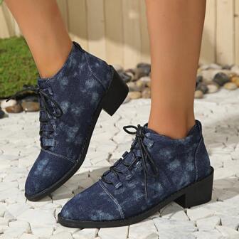 Women's Vintage Chelsea Ankle Boots, Lace-Up, Chunky Heel, Commute Shoes, Blue