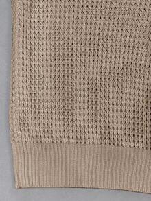 Women's V-Neck Long Sleeve Waffle Knit Open Shoulder Pullover Sweater - Khaki - View 8