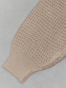 Women's V-Neck Long Sleeve Waffle Knit Open Shoulder Pullover Sweater - Khaki - View 9