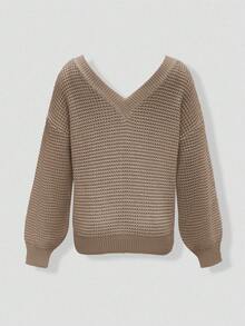 Women's V-Neck Long Sleeve Waffle Knit Open Shoulder Pullover Sweater - Khaki - View 6