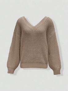 Women's V-Neck Long Sleeve Waffle Knit Open Shoulder Pullover Sweater - Khaki - View 5
