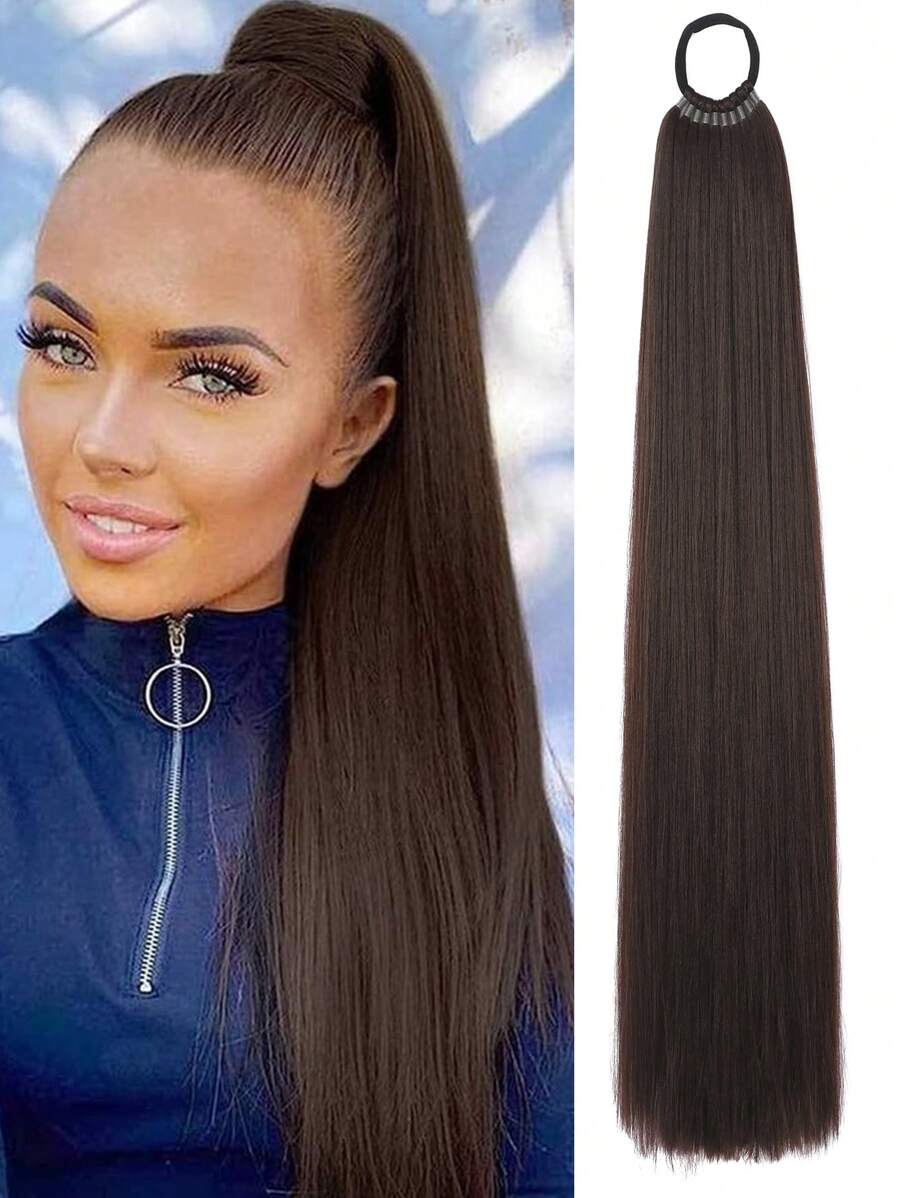 26"/34" Ponytail Wig, Multi-Functional Elastic Band Black & Brown Ponytail Wig, Heat Resistant, Women Long Straight DIY Wrap Around Ponytail, Soft & Natural Synthetic Ponytail, Suitable For Christmas, New Year, Carnival, Music Festival And Other Occasions