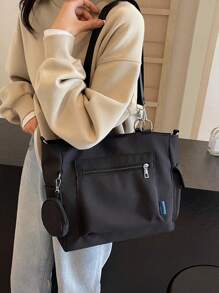 1个大容量帆布手提包，带零钱包，新款韩版学院风中学生背包休闲斜挎单肩包，女士帆布手提包带零钱包，大容量学生手提包，多隔层设计，文艺青年背包，学生手提包，返校包，防水，轻便，可折叠，经典休闲，适合少女、女性、大学生、教师，学校手提包，大学必备，教师礼物