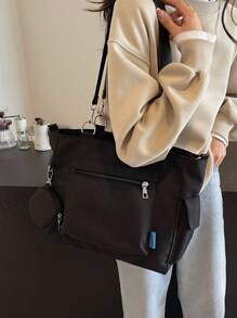 1个大容量帆布手提包，带零钱包，新款韩版学院风中学生背包休闲斜挎单肩包，女士帆布手提包带零钱包，大容量学生手提包，多隔层设计，文艺青年背包，学生手提包，返校包，防水，轻便，可折叠，经典休闲，适合少女、女性、大学生、教师，学校手提包，大学必备，教师礼物