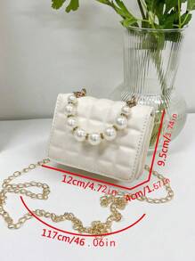 1pc Mini Girl's Gingham PU Flap Bag, Versatile Pearl Handbag For Daily Use - White - View 3