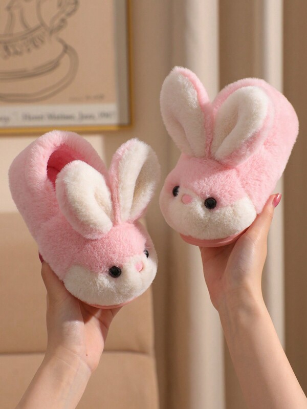1pair Cute Rabbit Design Purple Children Slippers, Anti-Slip Warm Indoor Flat Slides For Girls, Winter