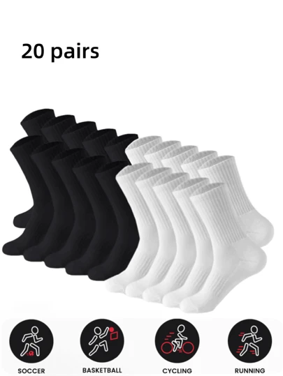 Sports Outdoor 20pairs Unisex Black & White Solid Color Breathable Ankle Socks For Outdoor Activities