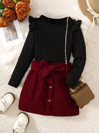 4-7 Years Old Girls 3pcs Set, Long Sleeve Black Cap Sleeve Top, Corduroy Princess Skirt With Belt, Fashionable Outfit For Daily, School, Party Occasions