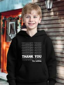 儿童休闲连帽运动衫，带袋鼠口袋，柔软舒适，夜光字母印花，经典版型，适合 12 岁及以下男孩，适合户外和日常穿着 - 黑色 - 查看 2