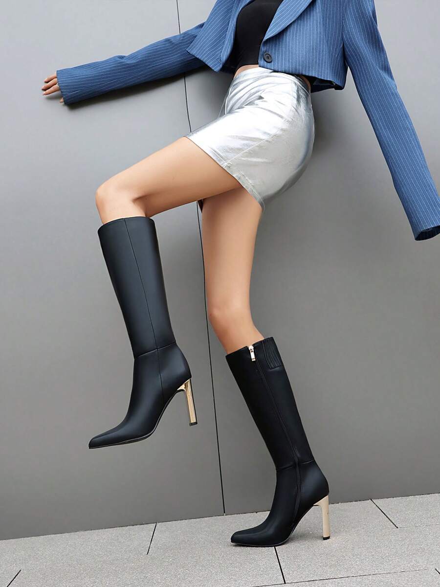 Reitoye Mofirdast Womens Pointed Toe Black Chunky Knee High Boots Perfect For Any Occasion - 黑色 - 查看 1