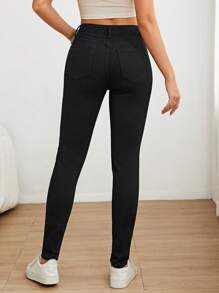 女士休闲高弹力修身长款牛仔裤，带纽扣、拉链和口袋细节