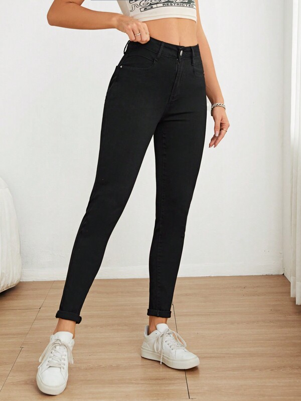 Women's Casual High Stretch Skinny Long Denim Jeans With Button, Zipper And Pocket Details