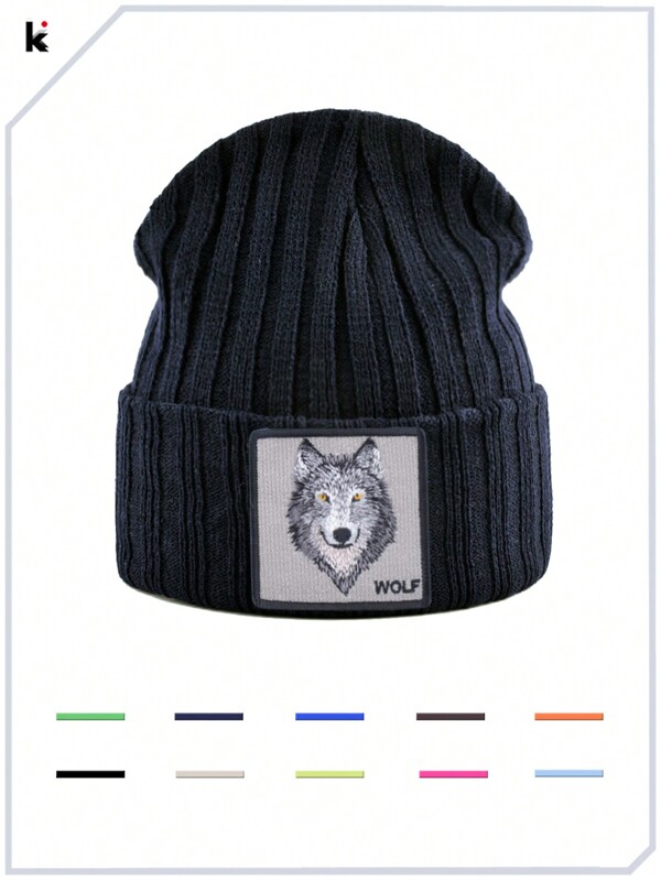 KKISSBAOBEI 1pc Unisex Wolf Embroidery Patch Knit Beanie Cap, Suitable For Casual & Sports Wear