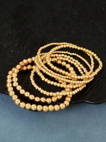 Bộ 6 chiếc/Bộ thời trang tối giản chất liệu Ccb hạt tròn bất đối xứng & vòng tay hạt vuông hình học cho kỳ nghỉ, du lịch, mua sắm, chụp ảnh, quán bar, hộp đêm, thường ngày, phù hợp với trang phục hàng ngày & đeo - Bộ hạt tròn vàng - Xem 3