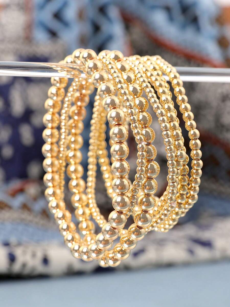 Bộ 6 chiếc/Bộ thời trang tối giản chất liệu Ccb hạt tròn bất đối xứng & vòng tay hạt vuông hình học cho kỳ nghỉ, du lịch, mua sắm, chụp ảnh, quán bar, hộp đêm, thường ngày, phù hợp với trang phục hàng ngày & đeo - Bộ hạt tròn vàng - Xem 1