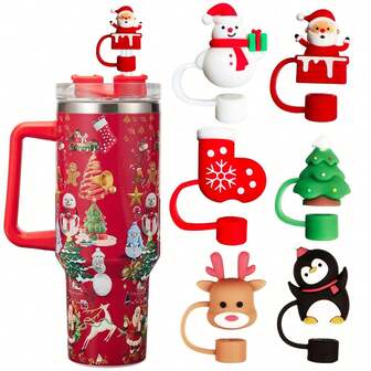 6pcs Christmas Gift Themed Silicone Straw Covers, 10Mm - Cute Cartoon Designs For Tumblers (30 & 40 Oz), Fits 8-10Mm Straws