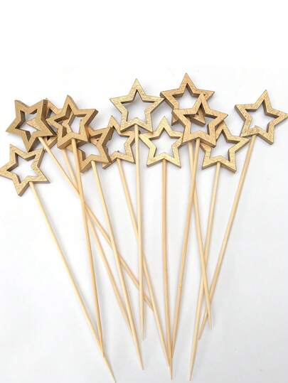 20/30/50pcs Christmas Five-Pointed Star Bamboo Stick Decoration Sticks, Fruit Decoration Sticks, Cocktail Stirring Sticks, Baking Cake Food Decoration Sticks Christmas Holiday Decoration Sticks, Suitable For Festivals, Parties, Gatherings, Restaurant Decoration Sticks