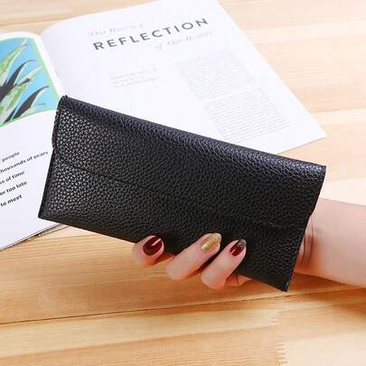 1pc Women's Wallet, New Soft Leather Slim Long Wallet, Korean Version Large Capacity Solid Color Litchi Texture Phone Wallet