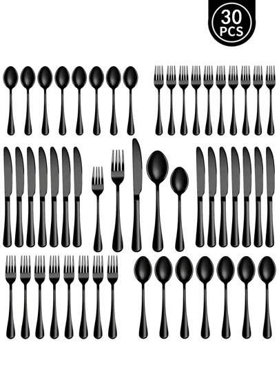 5 件/20 件/30 件黑色银器套装，6 人不锈钢餐具套装，餐具套装，镜面抛光餐具套装，适用于家庭厨房，包括刀、叉和勺套装、厨房、圣诞礼物