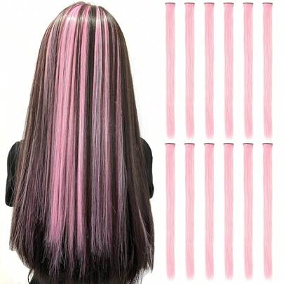 Extensiones de cabello de 22 pulgadas con clips, 6/12 piezas de extensiones de cabello rosadas, extensiones de cabello de color, destacados de fiesta para cabello largo y liso, extensiones con clips para mujeres como regalos de cumpleaños