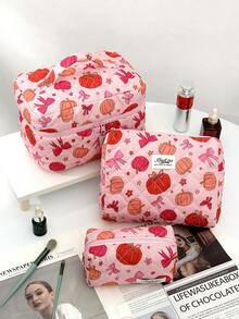 1 件/套万圣节绗缝粉色蝴蝶结南瓜图案多功能旅行化妆包，万圣节前夕，精美简约化妆包，多功能洗漱包，拉链大开口便携式旅行化妆包，化妆包可存放化妆品、口红、珠宝、纸巾、卫生巾、刷子、护垫化妆包学校用品旅行必需品小袋节日必需品化妆包化妆包美容秋季 - 彩色 - 查看 1