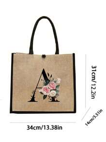 简约花朵字母印花亚麻手提包，简约旅行包，化妆包，大容量旅行手提包，圣诞节最佳教师礼物 - 卡其色 - 查看 10