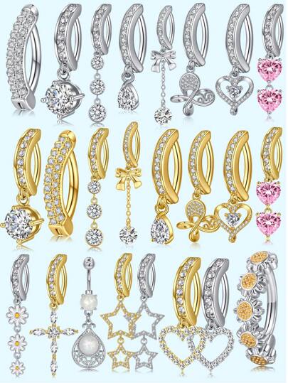 1pc 14G Navel Piercing Jewelry, Cute Pink CZ Heart Bow Flower Dangle Navel Ring, Women 14G Stainless Steel Elegant Dangle Navel Piercing, Valentine's Day