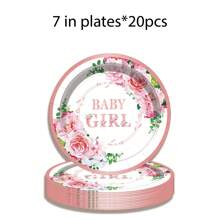 20pcs/Set Floral Theme Disposable Party Tableware Set For Baby Girls, Includes Paper Plates, Paper Cups, Napkins, Suitable For Baby Shower Party - Multicolor - View 10
