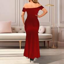 Elegant Off-The-Shoulder Side-Slit Dress". - 中紫紅色 - 查看 2