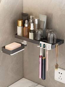 1pc Grey Bathroom Shelf Without Drilling - Multicolor - View 1