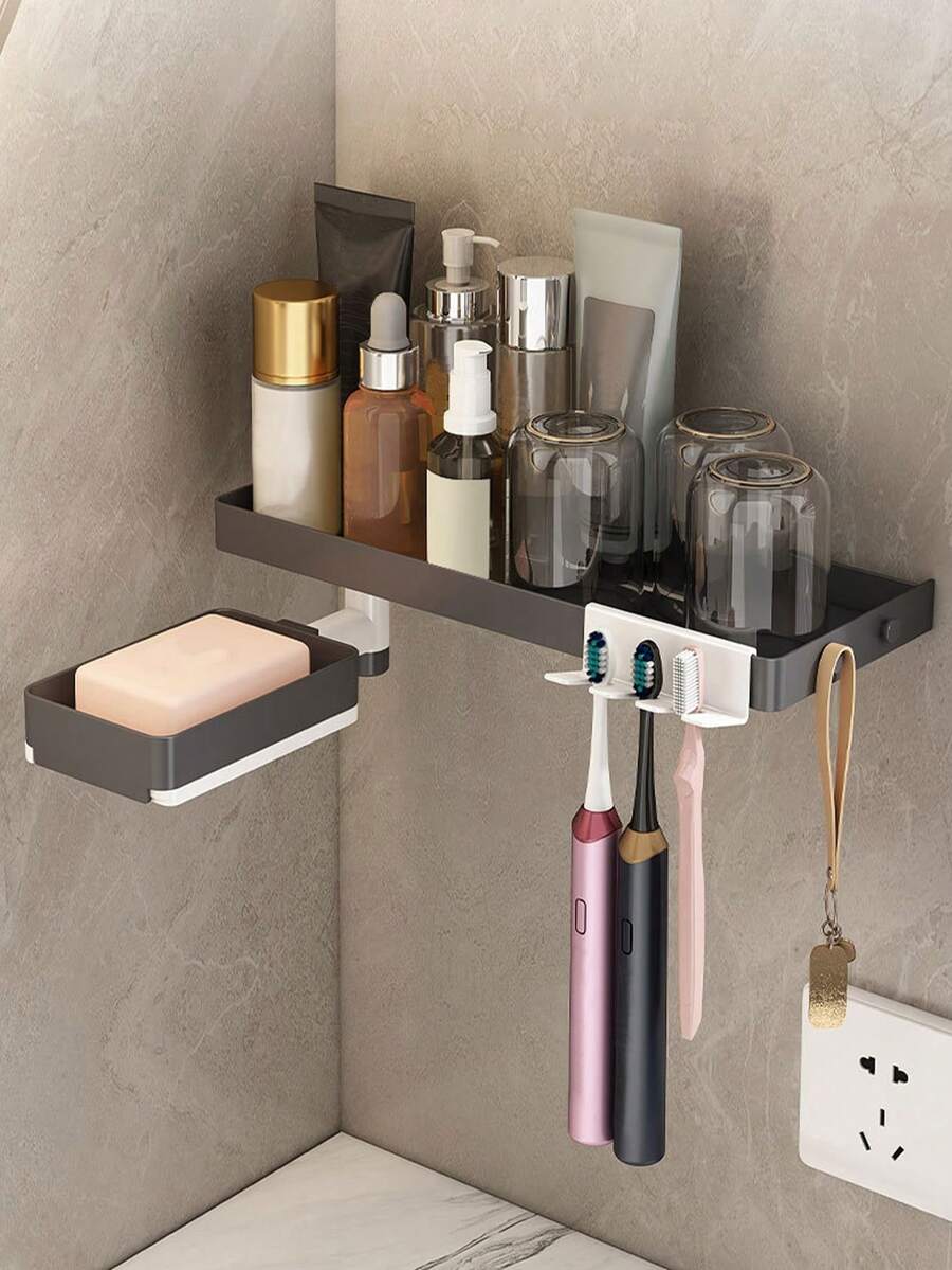1pc Grey Bathroom Shelf Without Drilling - Multicolor - View 1